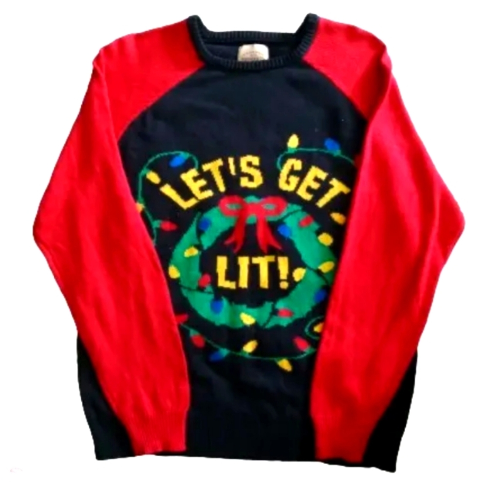 Let's get lit Red Black Green Ugly Christmas Sweater Roebuck & Co Size Large